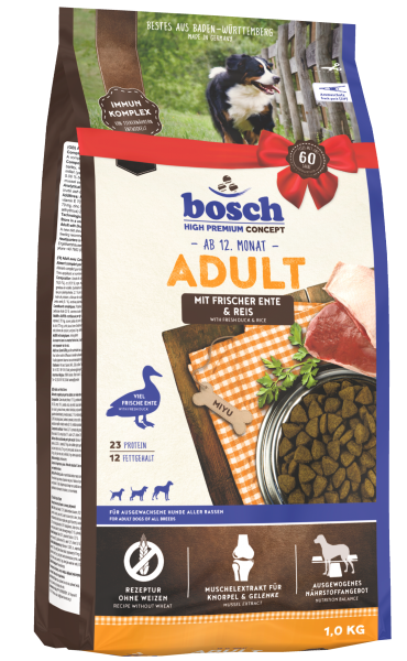 Bosch Adult Duck & Rice 1 kg ზრდასრული ძაღლის საკვები იხვის ხორცით და ბრინჯით